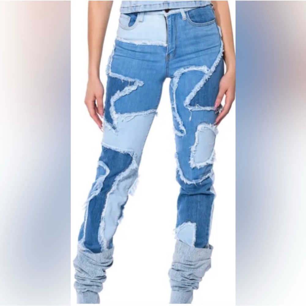 AKIRA Women's Patchwork Distressed Blue Straight Leg Jeans